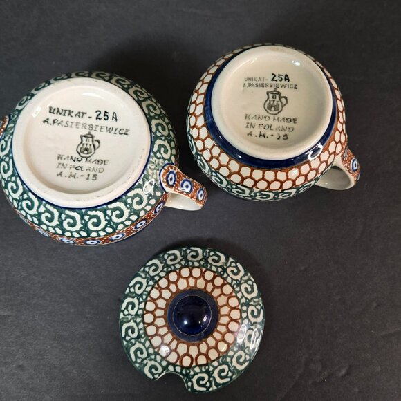 Polish Pottery UNIKAT Creamer Pitcher & Sugar Bowl Set w Lid Handmade Geometric - Picture 5 of 11